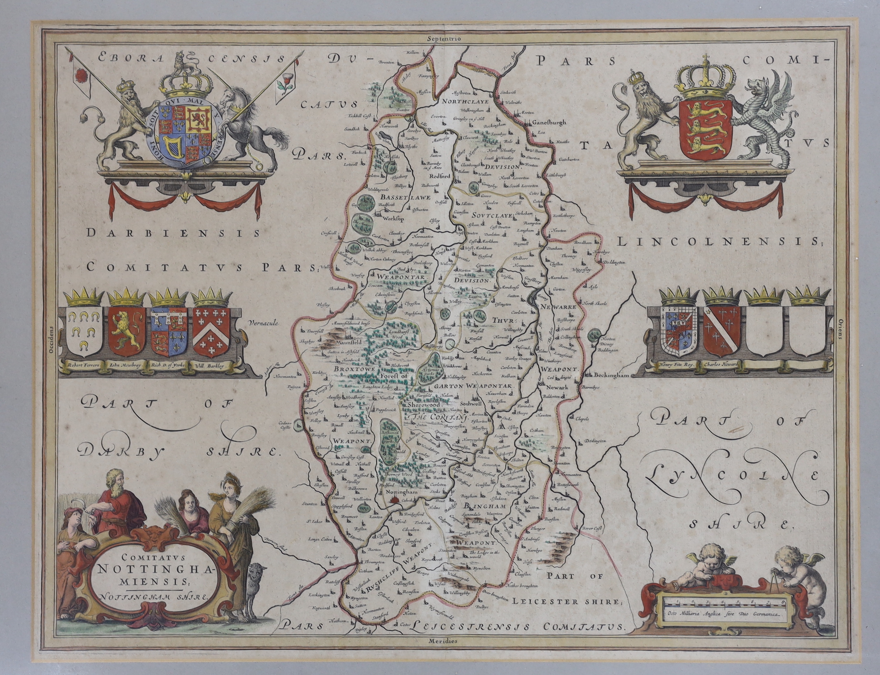 Johannes Blaeu (Dutch 1596-1673), Comitatus Nottinghamiensis, antique hand coloured engraving, Map of Nottinghamshire, 51cm x 39cm